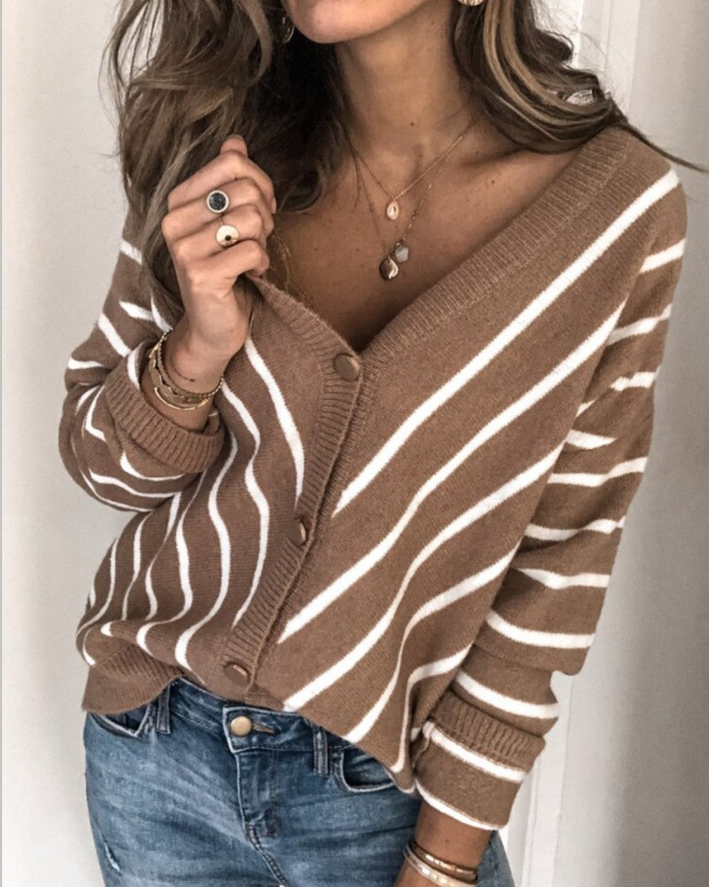 Women's Cardigan - Knitted Soft Quality - V-Neck - Button Closure - Striped Design - Long Sleeves