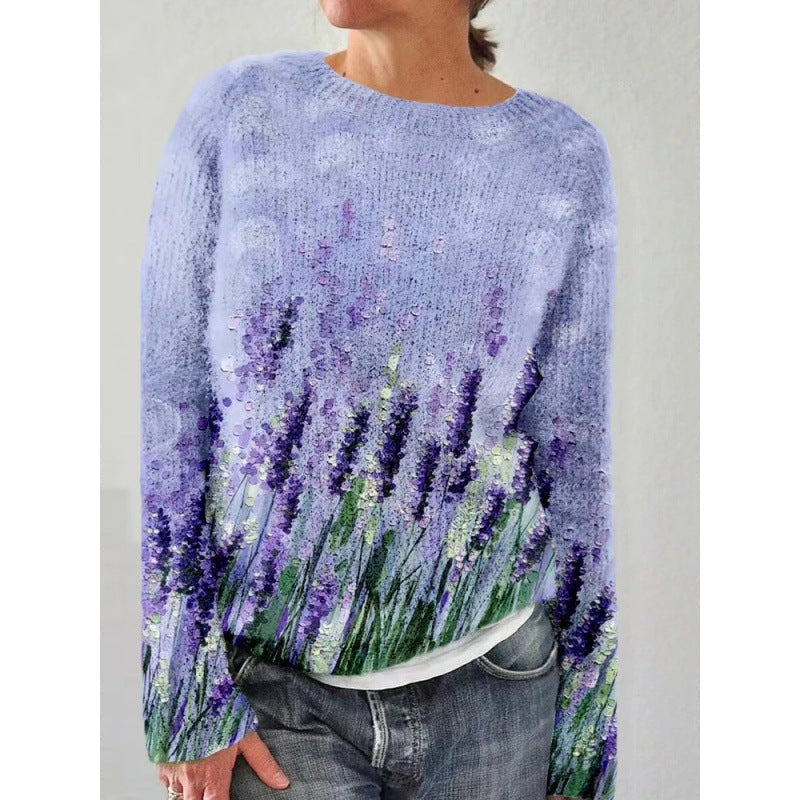 Women's Knit Sweater - Soft Knit - Relaxed Fit - Round Neck - Floral Pattern