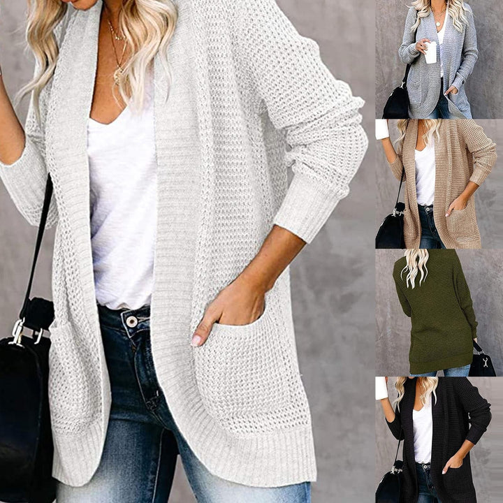 Women's Knitted Cardigan - Long-Sleeved Loose Fit - Open Front with Large Pockets