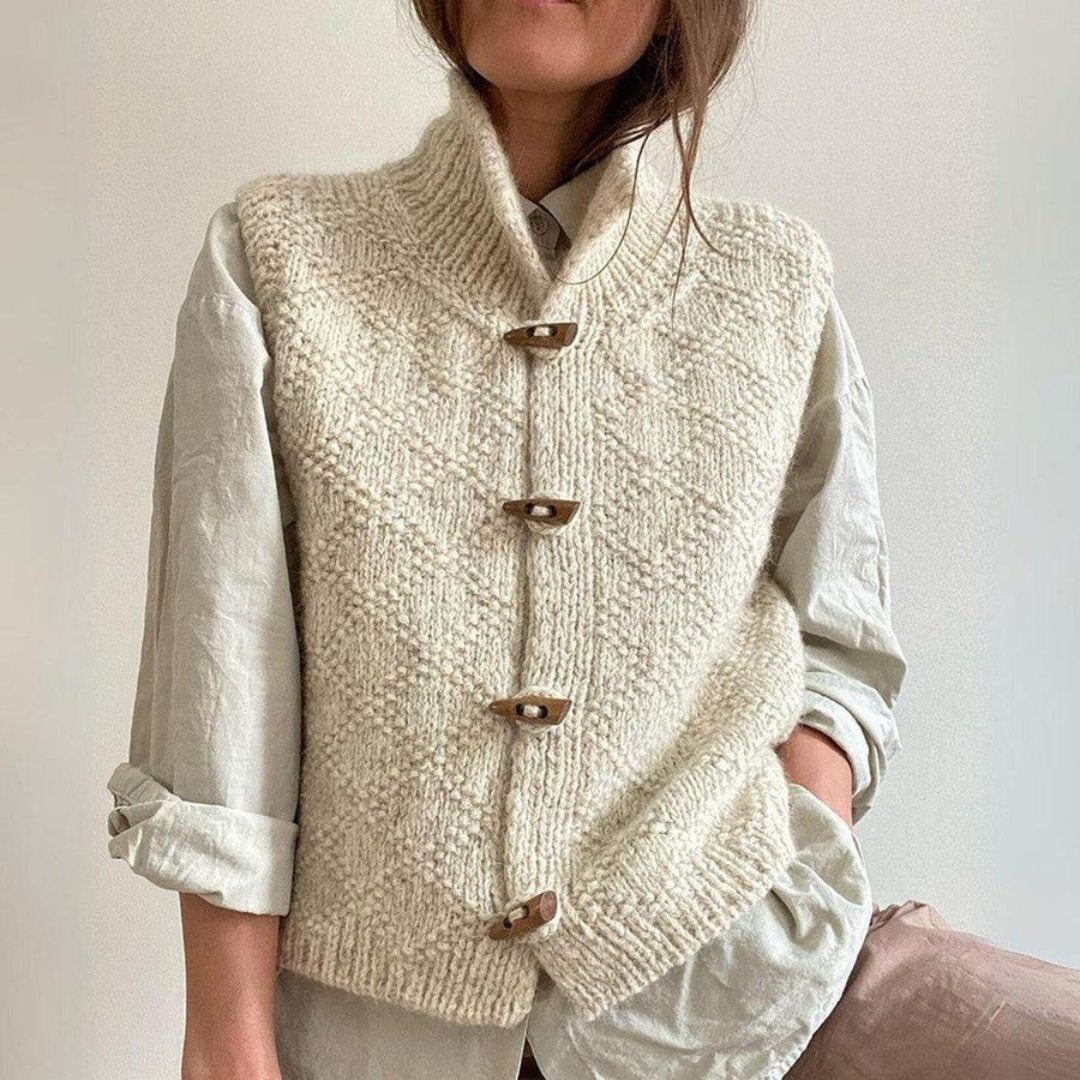 Women's Knit Vest - Wool Blend - High Collar - Button Closure - Relaxed Fit