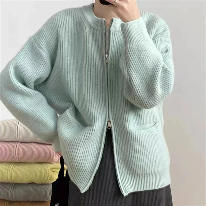 Women Knit Cardigan - Ribbed Texture - Zipper Closure - Oversized Fit - With Pockets