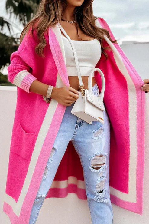 Women's Long Cardigan - Open Front - Soft Knit - Ribbed Cuffs - With Pockets