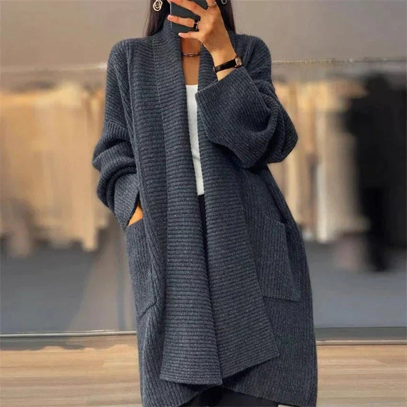 Women's Cardigan - Ribbed Long Style - Open Front with Side Pockets - Casual Fit