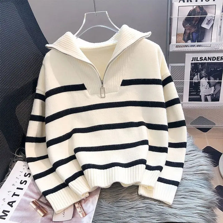 Women's Knit Sweater - Half Zipper - Soft and Warm - Striped Design - Ribbed Edges