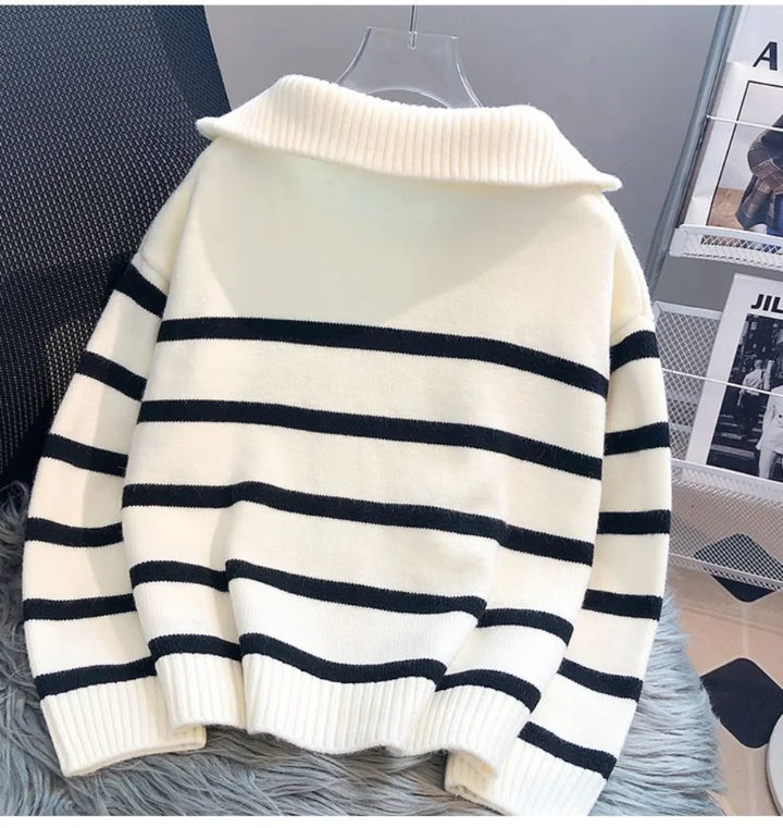 Women's Knit Sweater - Half Zipper - Soft and Warm - Striped Design - Ribbed Edges