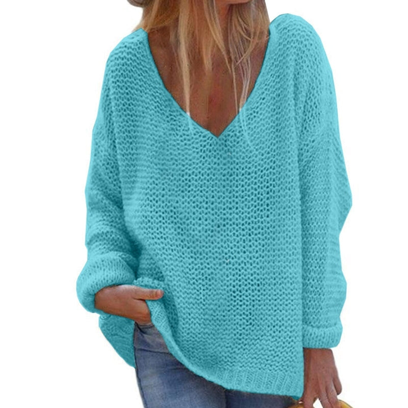 Women's Knit Sweater - Oversized Loose Fit - Soft V-Neck - Long-Sleeved Warm Comfort