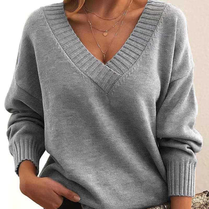 Women's Knit Sweater - Soft Wool Blend - V-neck - Relaxed Fit - Long Sleeves