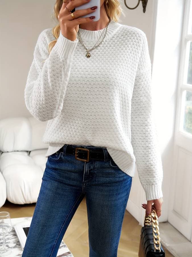 Women's Knit Sweater - Soft and Textured Knit - Relaxed Fit - Round Neck - Long Sleeves