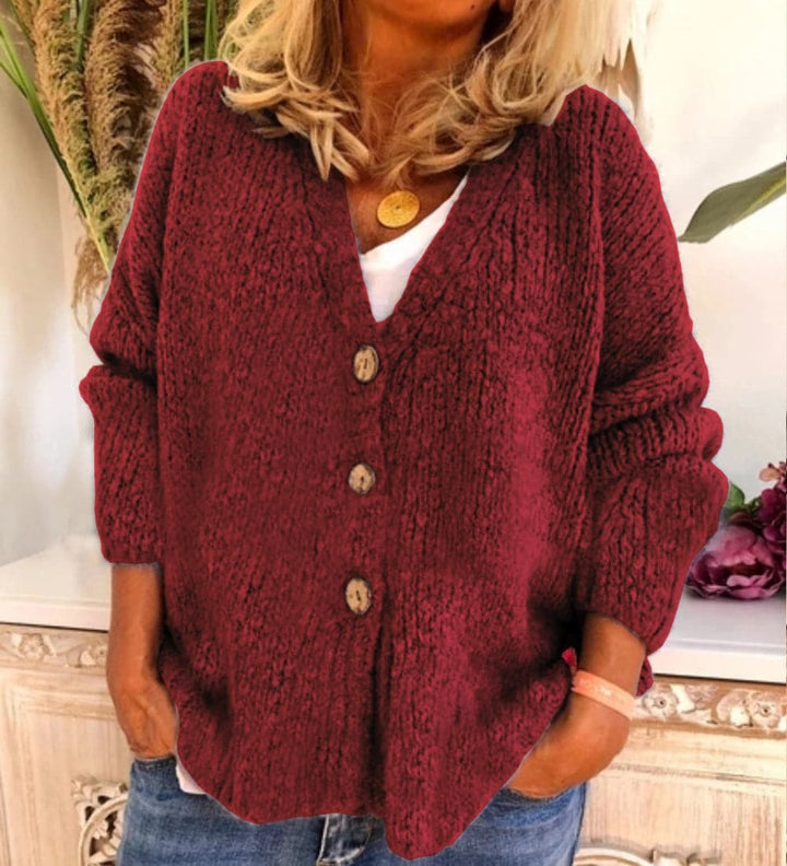 Women's Cardigan - Chunky Knit - Relaxed Fit - V-Neck with Button Closure
