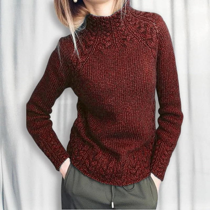Women's Knit Sweater - Soft Knit - High Neck - Cable Knit Details - Slim Fit