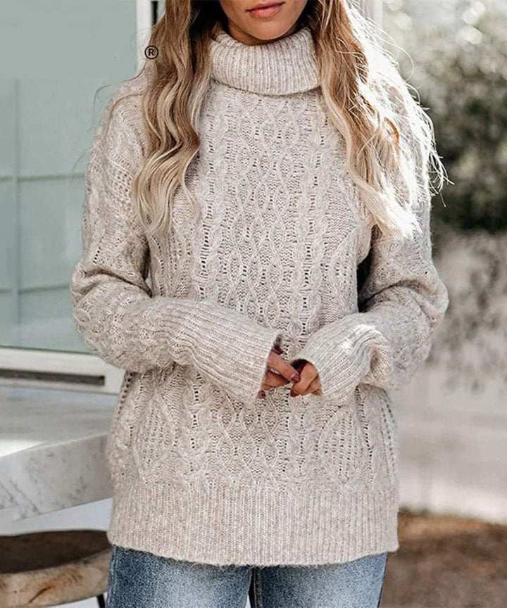 Women's Knit Sweater - High Neck Turtleneck - Soft Cable Knit - Long-Sleeved Relaxed Fit