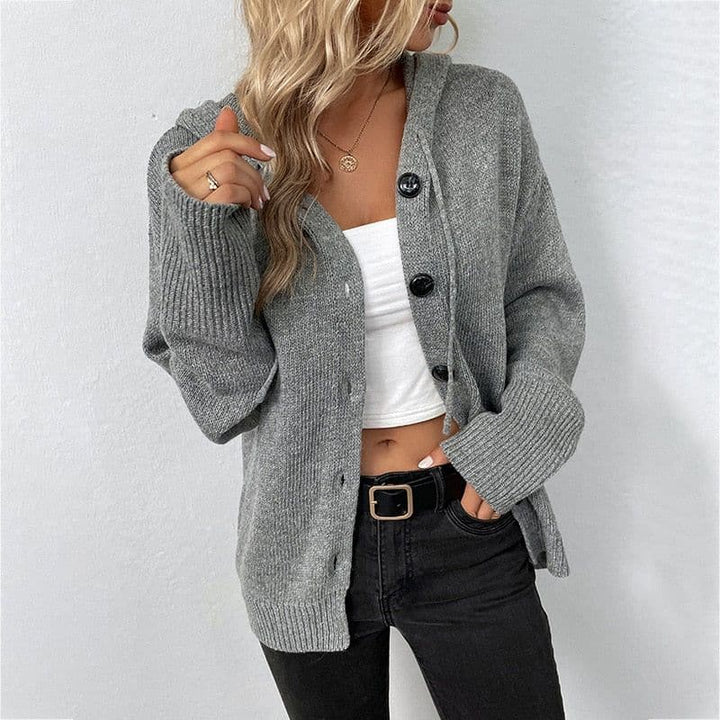 Women's Knit Cardigan - Soft and Warm - With Hood and Button Closure - Relaxed Fit