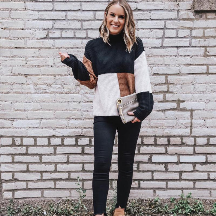 Women's Knit Sweater - Oversized Fit - Block Patterned - Soft and Warm