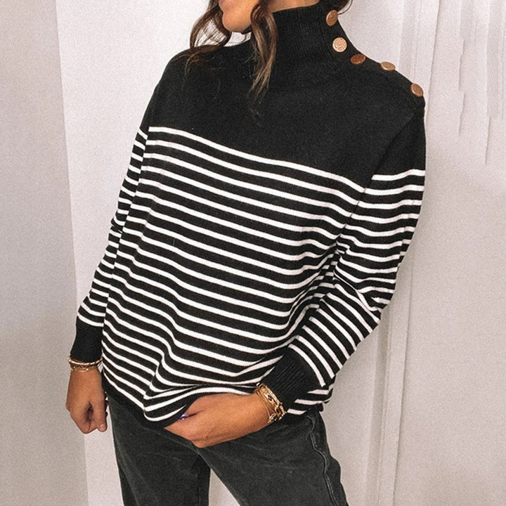 Women's Knit Sweater - Turtleneck - Striped Pattern - Button Details - Long-Sleeved Relaxed Fit