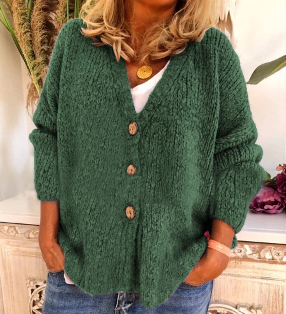 Women's Cardigan - Chunky Knit - Relaxed Fit - V-Neck with Button Closure
