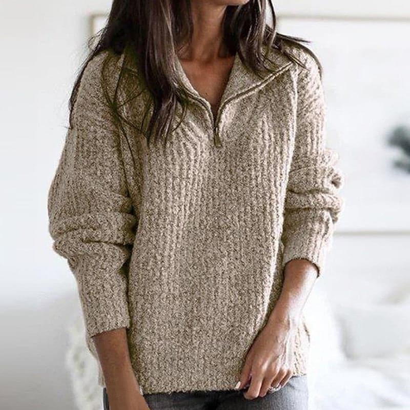 Women's Knit Sweater - High Collar with Button Closure - Soft and Comfortable - Relaxed Fit