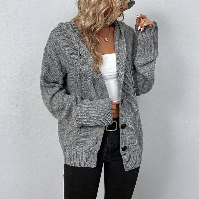 Women's Knit Cardigan - Soft and Warm - With Hood and Button Closure - Relaxed Fit