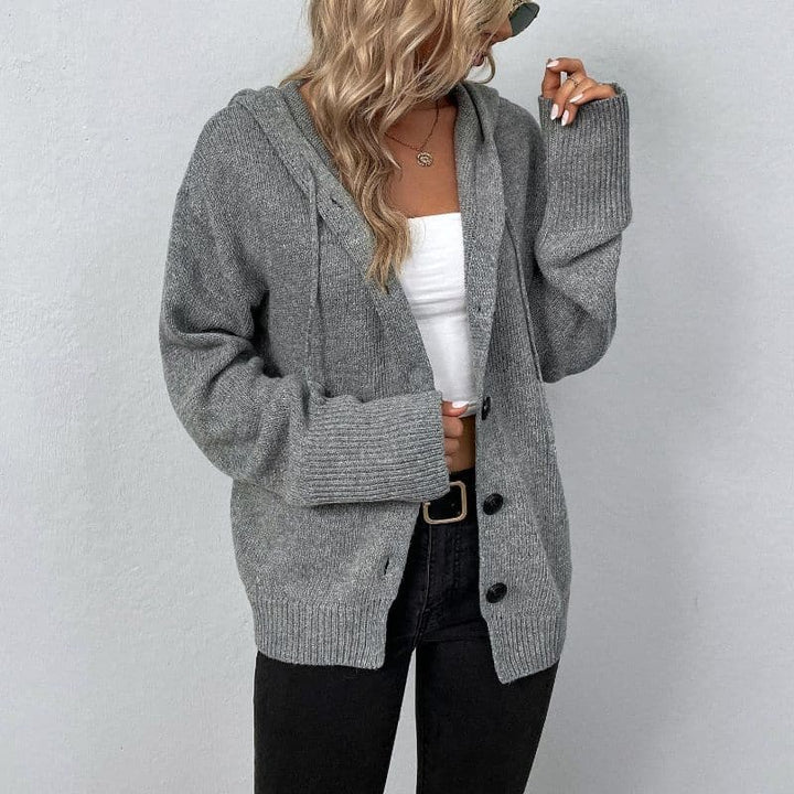 Women's Knit Cardigan - Soft and Warm - With Hood and Button Closure - Relaxed Fit
