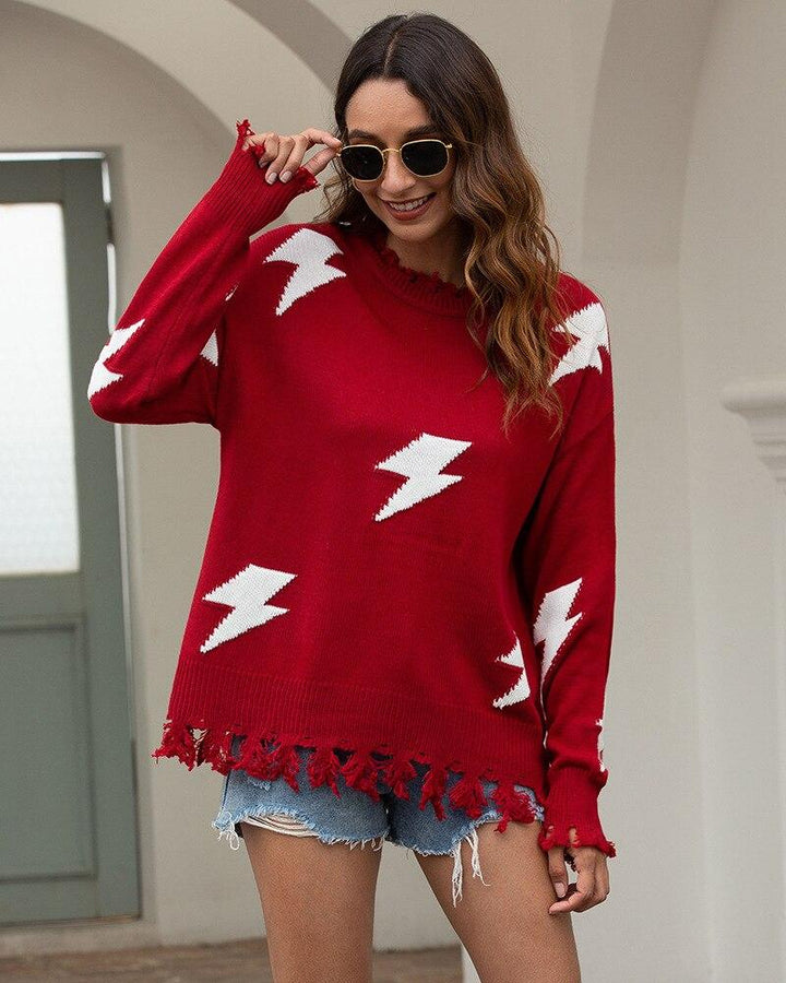 Women's Knit Sweater - Relaxed Fit - Lightning Pattern & Fringe Hem