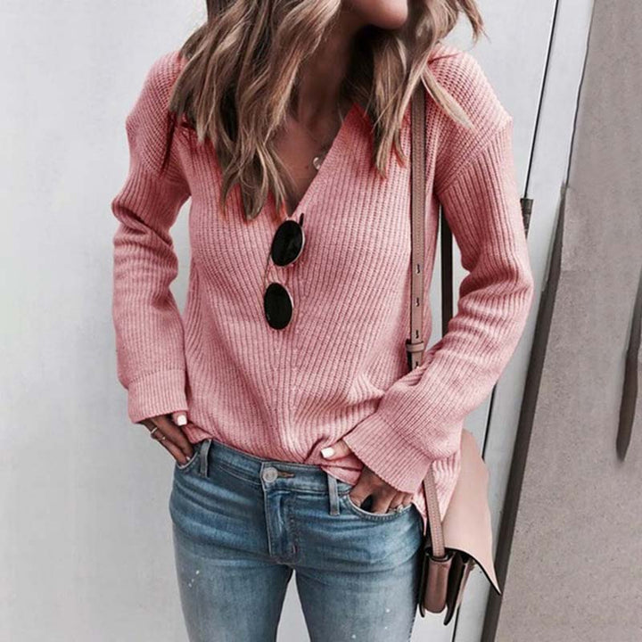 Women's Knit Sweater - Soft Rib Knit - V-Neck - Relaxed Fit - Long Sleeves