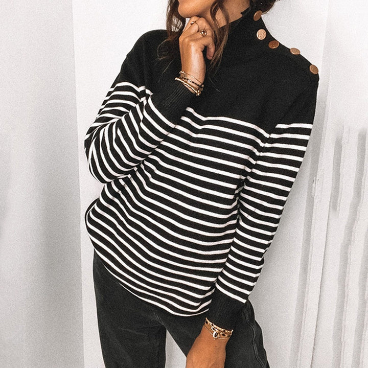Women's Knit Sweater - Turtleneck - Striped Pattern - Button Details - Long-Sleeved Relaxed Fit
