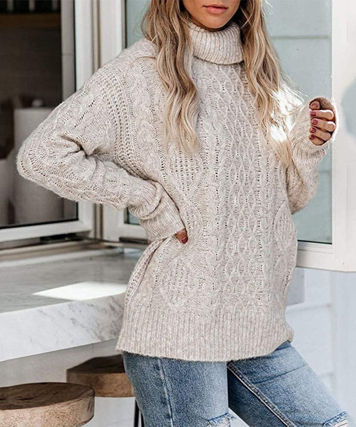 Women's Knit Sweater - High Neck Turtleneck - Soft Cable Knit - Long-Sleeved Relaxed Fit