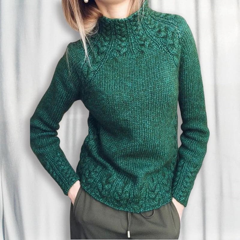 Women's Knit Sweater - Soft Knit - High Neck - Cable Knit Details - Slim Fit