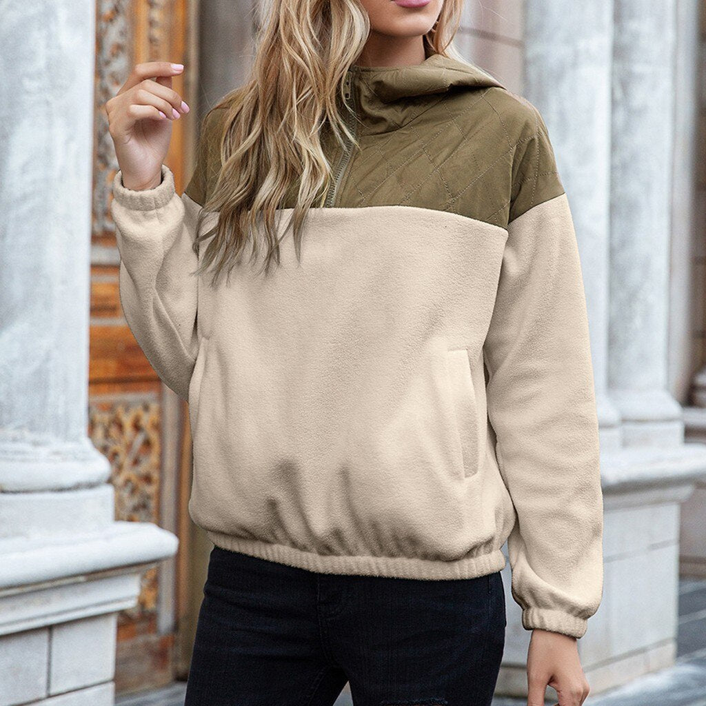 Women's Hoodie - Padded Top & Soft Fleece - Half Zipper - Relaxed Fit - With Pockets