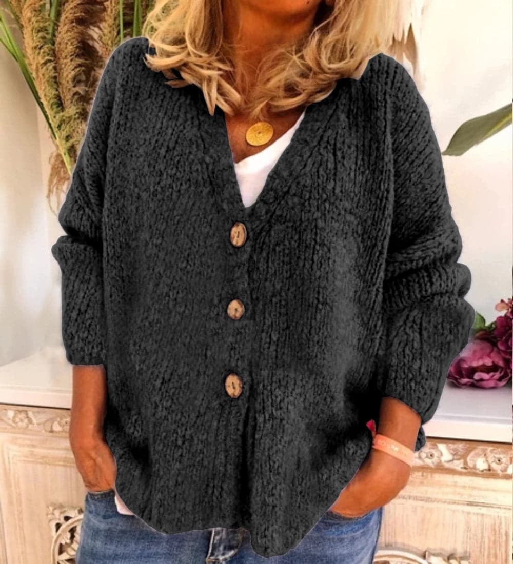 Women's Cardigan - Chunky Knit - Relaxed Fit - V-Neck with Button Closure