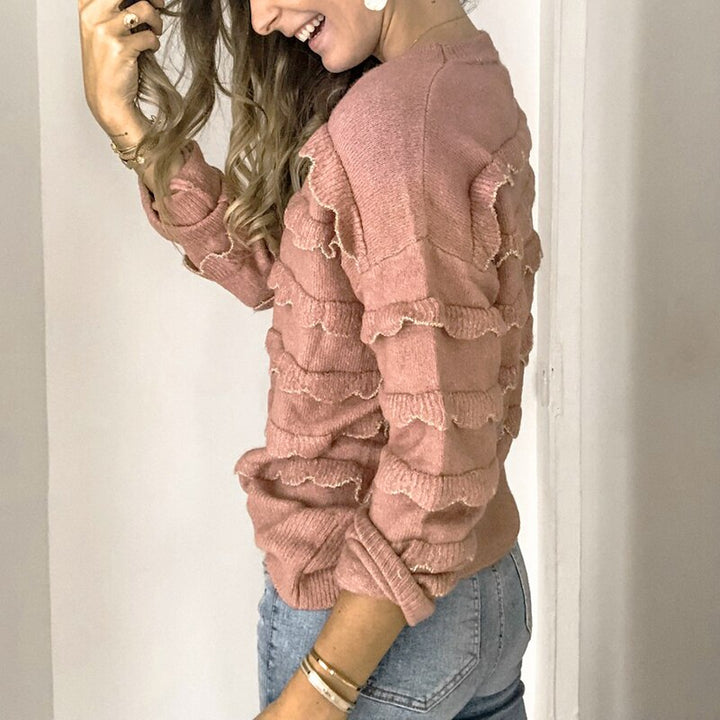 Women's Knit Sweater - Soft Knit - Round Neck - Long Sleeves - Elegant Ruffle Details