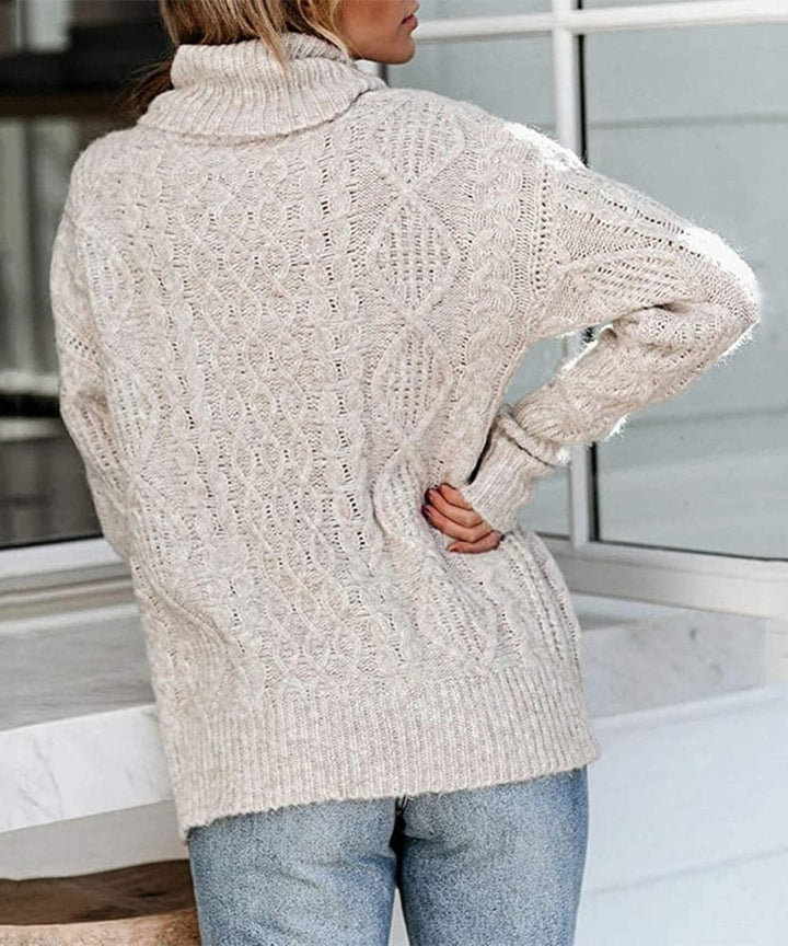 Women's Knit Sweater - High Neck Turtleneck - Soft Cable Knit - Long-Sleeved Relaxed Fit