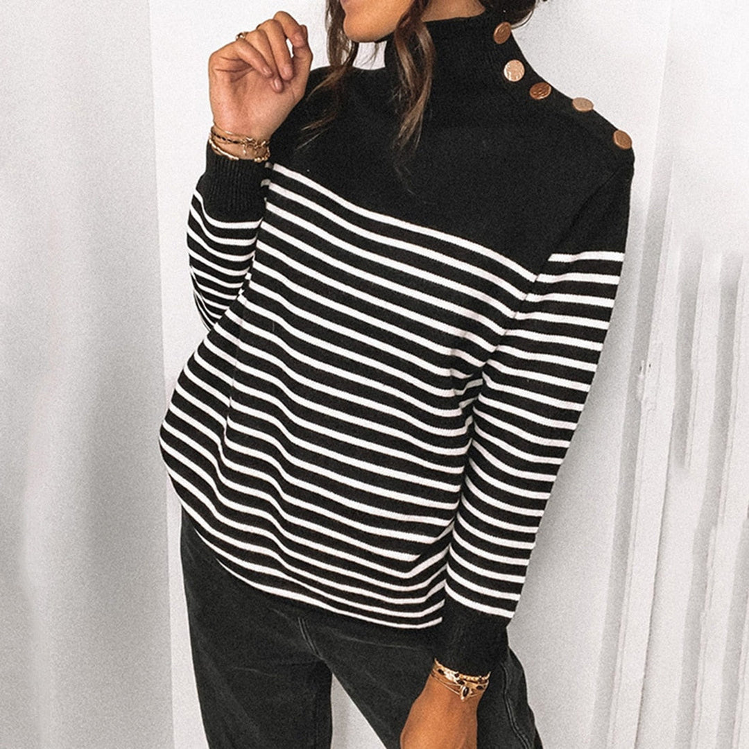 Women's Knit Sweater - Turtleneck - Striped Pattern - Button Details - Long-Sleeved Relaxed Fit