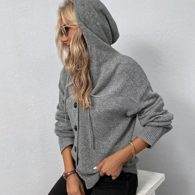 Women's Knit Cardigan - Soft and Warm - With Hood and Button Closure - Relaxed Fit