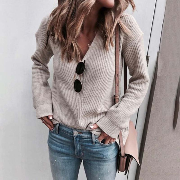 Women's Knit Sweater - Soft Rib Knit - V-Neck - Relaxed Fit - Long Sleeves