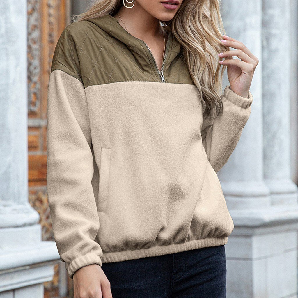 Women's Hoodie - Padded Top & Soft Fleece - Half Zipper - Relaxed Fit - With Pockets