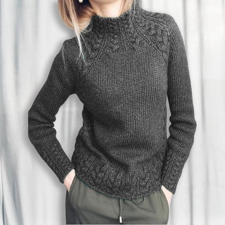 Women's Knit Sweater - Soft Knit - High Neck - Cable Knit Details - Slim Fit