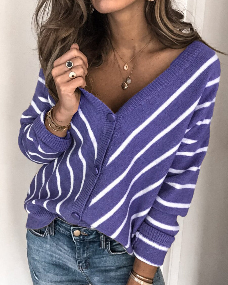Women's Cardigan - Knitted Soft Quality - V-Neck - Button Closure - Striped Design - Long Sleeves