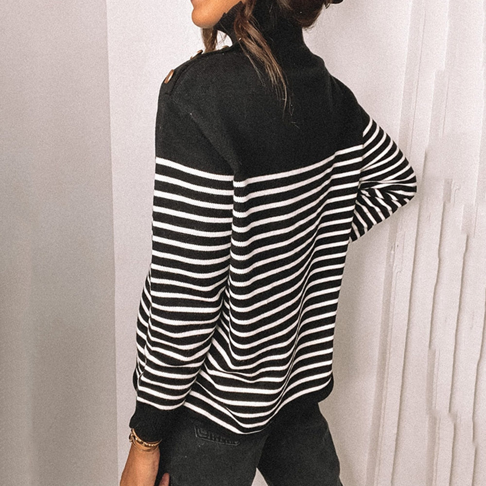 Women's Knit Sweater - Turtleneck - Striped Pattern - Button Details - Long-Sleeved Relaxed Fit