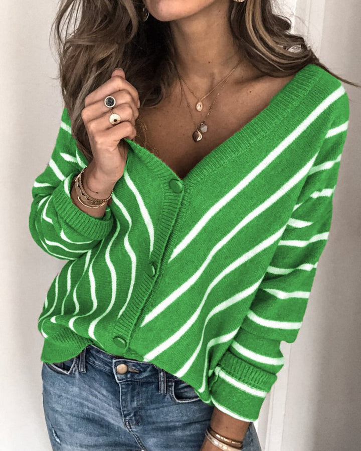 Women's Cardigan - Knitted Soft Quality - V-Neck - Button Closure - Striped Design - Long Sleeves