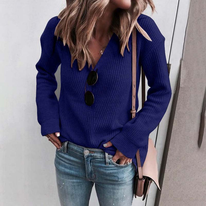 Women's Knit Sweater - Soft Rib Knit - V-Neck - Relaxed Fit - Long Sleeves