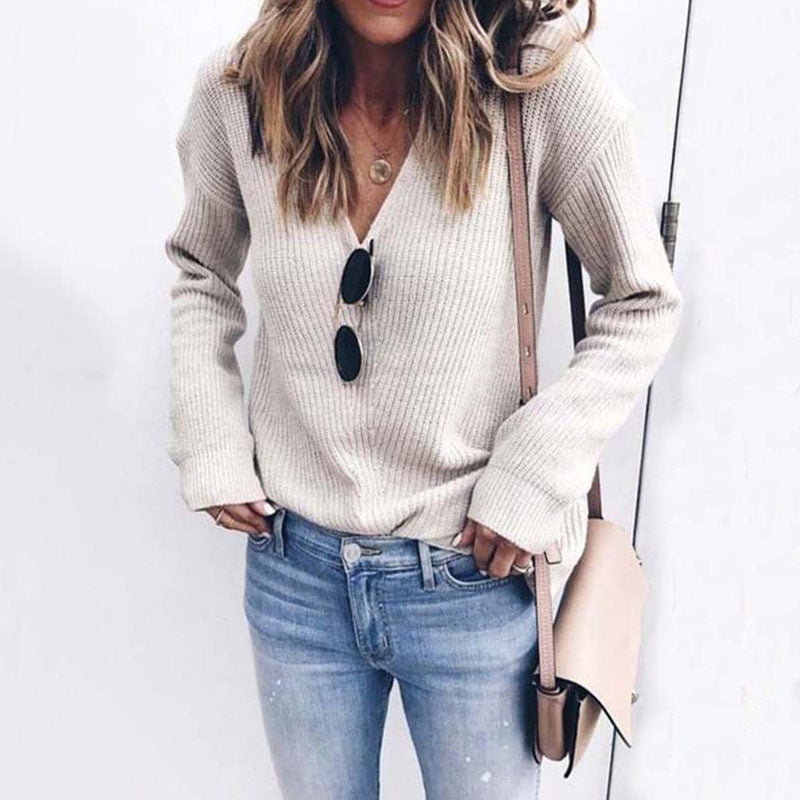 Women's Knit Sweater - Soft Rib Knit - V-Neck - Relaxed Fit - Long Sleeves