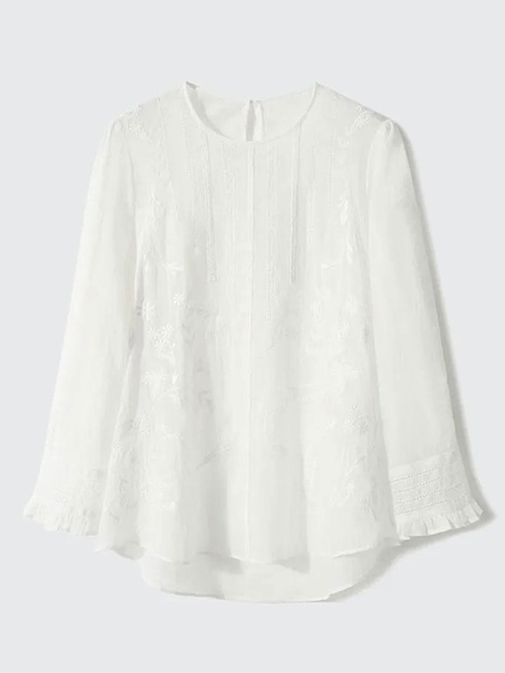 Claire Retro Crew Neck Solid Color Embroidered Hollowed Top