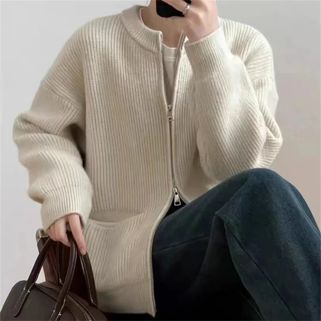 Women Knit Cardigan - Ribbed Texture - Zipper Closure - Oversized Fit - With Pockets
