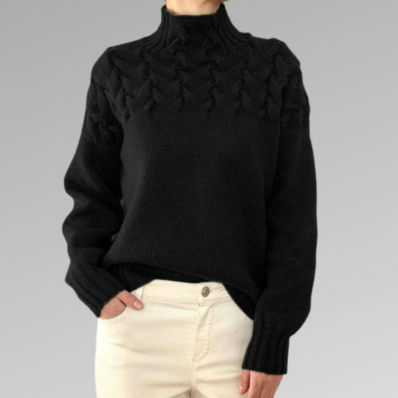 Women's Knit Sweater - High Turtleneck - Cable Knit - Long Sleeves - Comfortable Fit