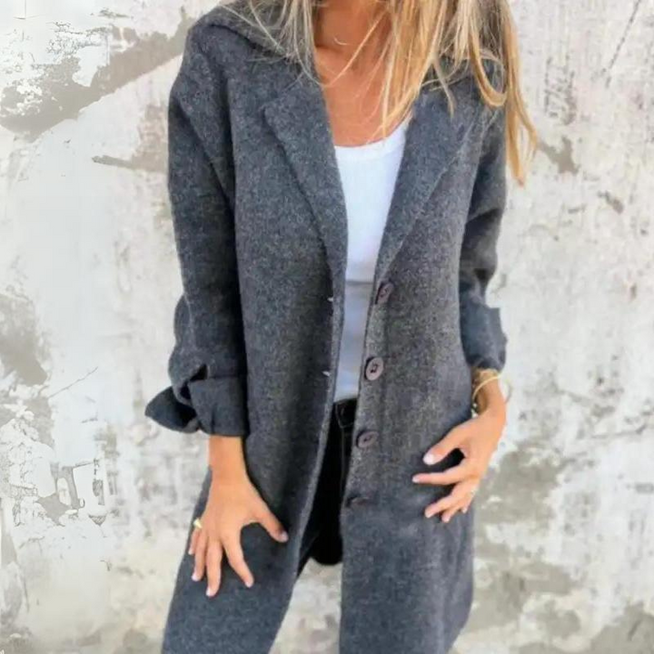 Women's Coat - Long Model - Classic Notch Collar - Button Closure - Elegant Details