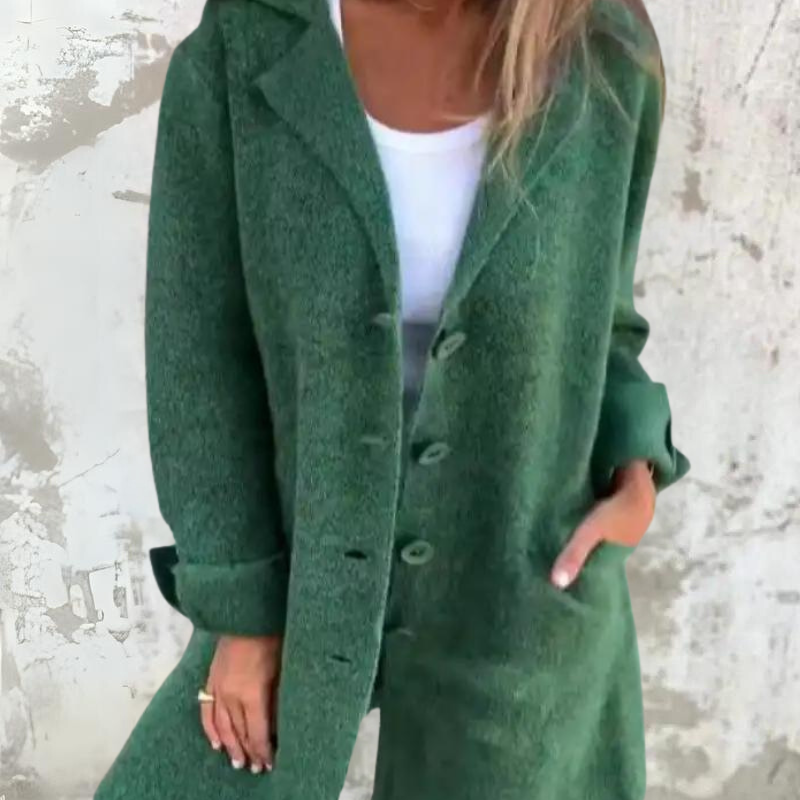 Women's Coat - Long Model - Classic Notch Collar - Button Closure - Elegant Details