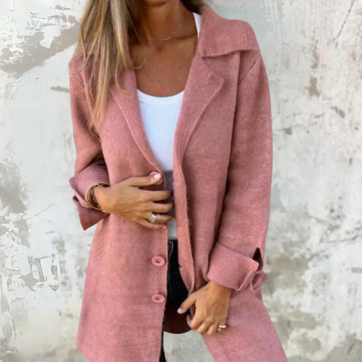 Women's Coat - Long Model - Classic Notch Collar - Button Closure - Elegant Details