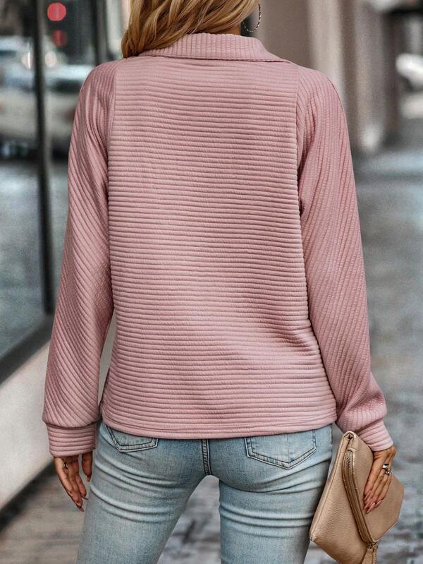 Women's Pullover Sweater - Ribbed Texture - Half Zipper - Long-Sleeved Comfortable Everyday Style