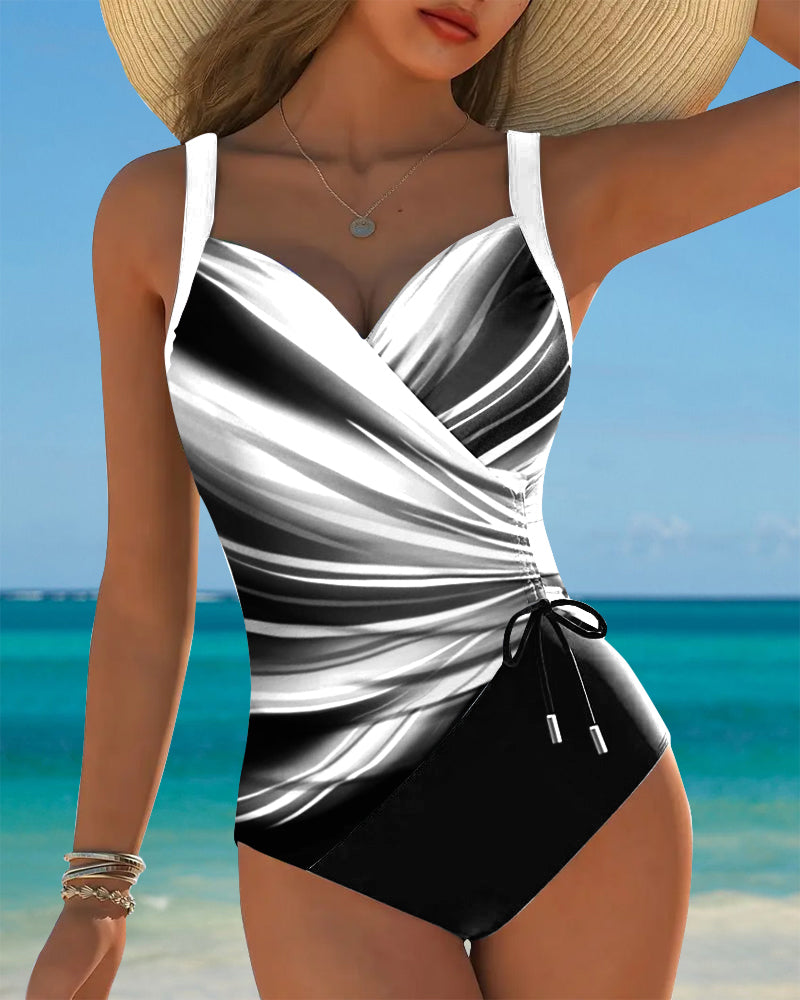One-Piece Swimsuit with Lacing Details and Contrasting Color Accents