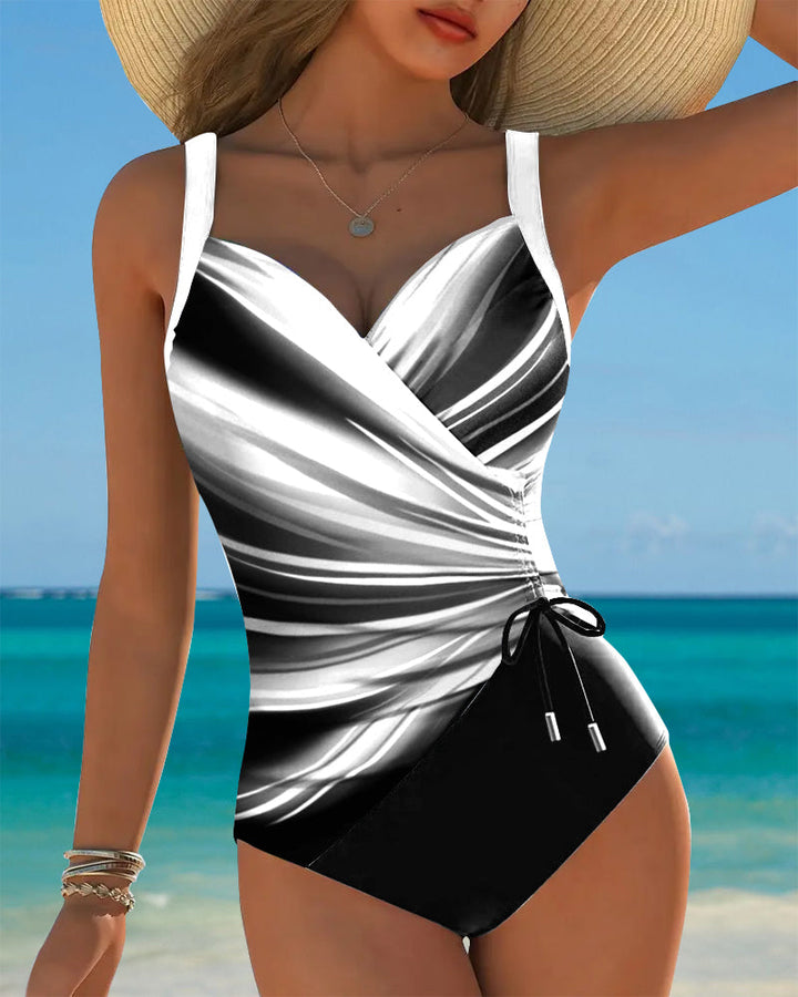 One-Piece Swimsuit with Lacing Details and Contrasting Color Accents